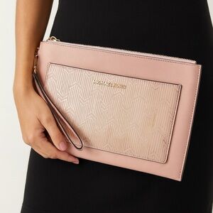 Michael Kors Pink Leather & Monogram Accent Clutch